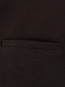 Detailed close-up of a welt pocket and premium wool blend fabric texture on black coat
