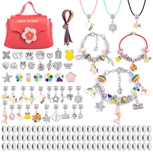 DIY jewelry making kit with red handbag, rainbow charms, and beads for girls' bracelets
