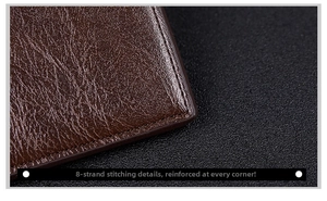 Close-up of brown leather wallet featuring reinforced 8-strand stitching on edges
