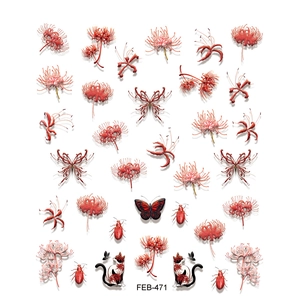 3D embossed red spider lily nail stickers with butterflies and cat designs