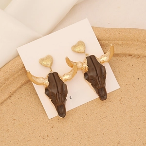 Bohemian bull head stud earrings with gold heart top and S925 silver needles