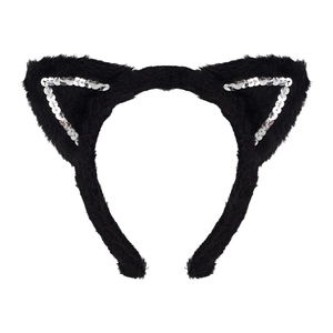 Cat ear headband with black faux fur and silver sequins for Halloween cosplay costumes