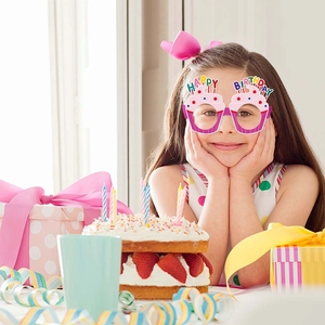 Pink birthday cake shaped paper glasses for kids party decorations and photo props