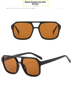 Front and side view of square oversized sunglasses with black frames and brown lenses