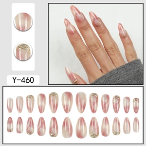 Pink marble press-on almond nails with gold lines and full set of 24 pieces