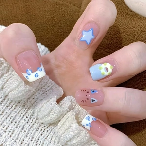 French Milk Blue Leopard Print Press On Nails Cute Cat Design Short Square False Nails For Women Daily Use Decor