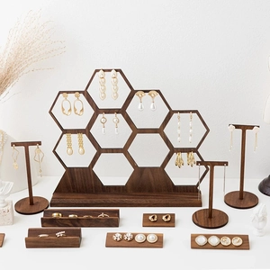 Walnut Wood Jewelry Display Stand Honeycomb Hexagon Earring Organizer T Bar Stud Rack Desktop Storage Photography Props