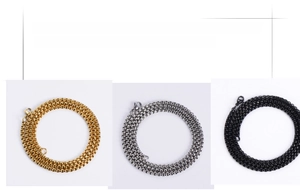 Detailed view of stainless steel box chains in gold, silver, and black with lobster clasps