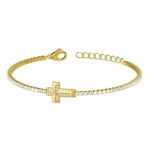 Luxurious gold stainless steel tennis bracelet with zircon cross pendant and lobster clasp