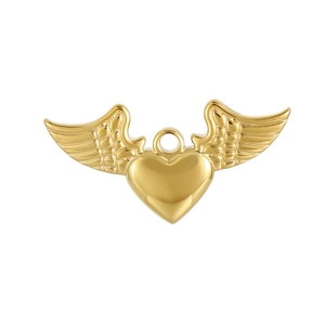 Detailed view of a polished golden heart pendant featuring intricate angel wings design