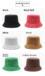 Detail view of corduroy bucket hats in six different colors with ribbed texture