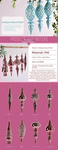 Detail showing pink and blue electroplated gourd-shaped Christmas ornaments in various sizes
