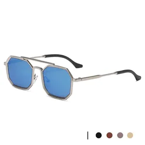 Steampunk octagonal silver metal sunglasses with blue lenses and various color options