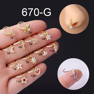 Trendy Nose Hoop Rings Copper Cubic Zirconia Star Moon Cross Dangle Pendants Piercing Jewelry For Women