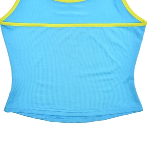 Detailed view of blue halter top with neon yellow trim and high-quality fabric texture