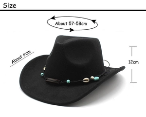 Detailed size chart for black wool western cowboy hat with beads and shell trim