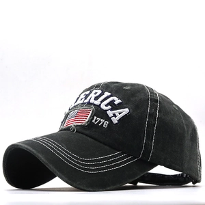 Vintage black washed cotton baseball cap with white America 1776 embroidery and US flag