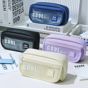 Minimalist large capacity canvas pencil case in four colors with multi-layer zipper storage