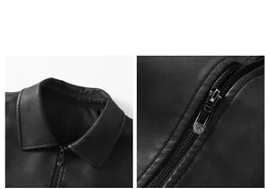 Détail du col à revers et du zip métallique sur cette veste en cuir noir vintage