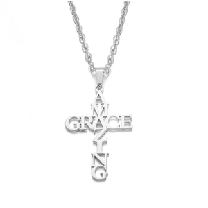 Polished silver Amazing Grace cross letter pendant necklace on a stainless steel chain