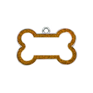 Custom bone-shaped zinc alloy pet ID tag with sparkling gold glitter and silver metal frame