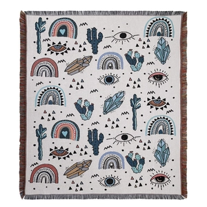 Bohemian knit outdoor blanket with rainbow cactus pattern and colorful fringe tassels