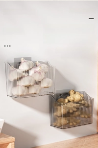 Wall-mounted kitchen storage box for ginger and garlic with transparent vertical stripe design
