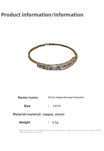 Détail du bracelet doré avec zircons baguette et spécifications de circonférence de 24cm