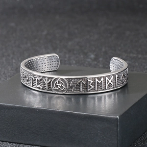 Classic Viking Odin rune bangle in vintage silver with Nordic triangle symbols for men