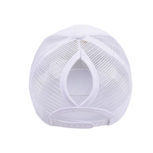 Close-up of white mesh baseball cap with ponytail hole and adjustable plastic back closure