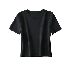Detail shot of black slim-fit knit sweater showing the fine ribbed texture and crew neck