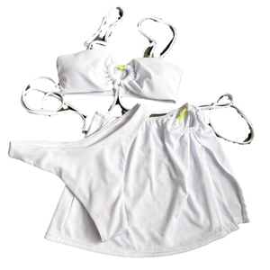 Three-piece white ribbed bikini set with heart buckle top and matching tie-up sarong skirt