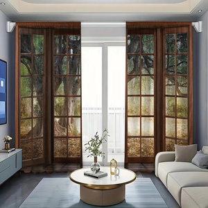 Detail showing 3D visual olive tree and vintage window landscape on blackout curtains
