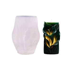 Calla lily embossed silicone candle mold and a green finished floral wax candle
