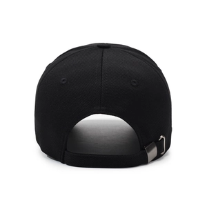 Rear view of black pineapple fabric baseball cap with adjustable metal buckle strap
