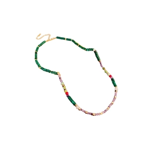 Retro beaded collar necklace with green stones and gold extender chain on white background