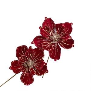 Artificial red velvet Christmas flowers with gold glitter accents and brown stems