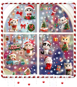 Detail showing Christmas window static stickers with cute cartoon cats and festive snowflakes