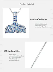 Detail of S925 sterling silver mermaid tail pendant with blue and white zircon inlay
