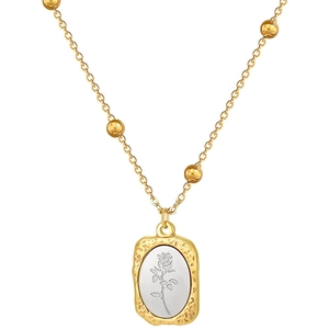 Titanium steel gold necklace featuring a rose pendant and beads on a white background