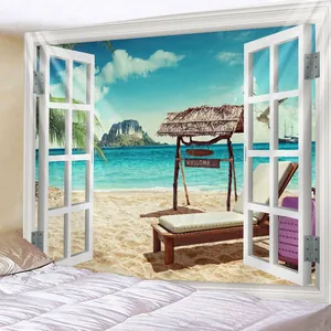 Detail showing 3D window view tapestry with tropical beach landscape on a bedroom wall