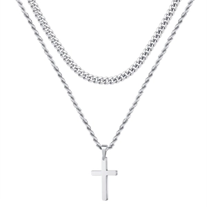 Double-layered silver stainless steel cross pendant necklace with Cuban and twist chains