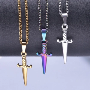 Polished stainless steel sword pendants in gold, silver and rainbow colors for necklaces