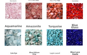 Detail showing twelve varieties of natural crushed crystal stones for DIY and decoration