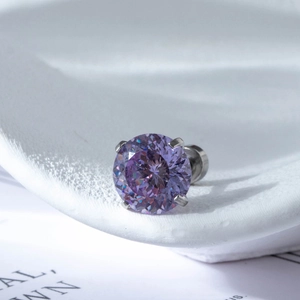 Elegant four-prong titanium steel stud earring featuring a purple round-cut zircon stone