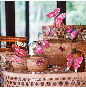 Detail of 3D waterproof PVC butterfly stickers on bamboo baskets for home decoration