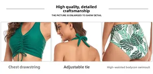Dettaglio del top a fessura con lacci e slip bikini a vita alta con stampa di palme