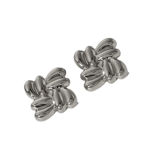 Polished silver stainless steel 3D puffy knot stud earrings with a liquid metal mirror finish