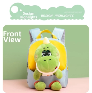 Vooraanzicht dinosaurus pluche rugzak met afneembare pop en ademende mesh schouderbanden