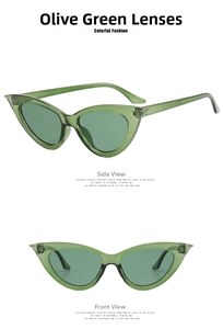 Detail view of olive green cat-eye sunglasses with metal trim and resin frames